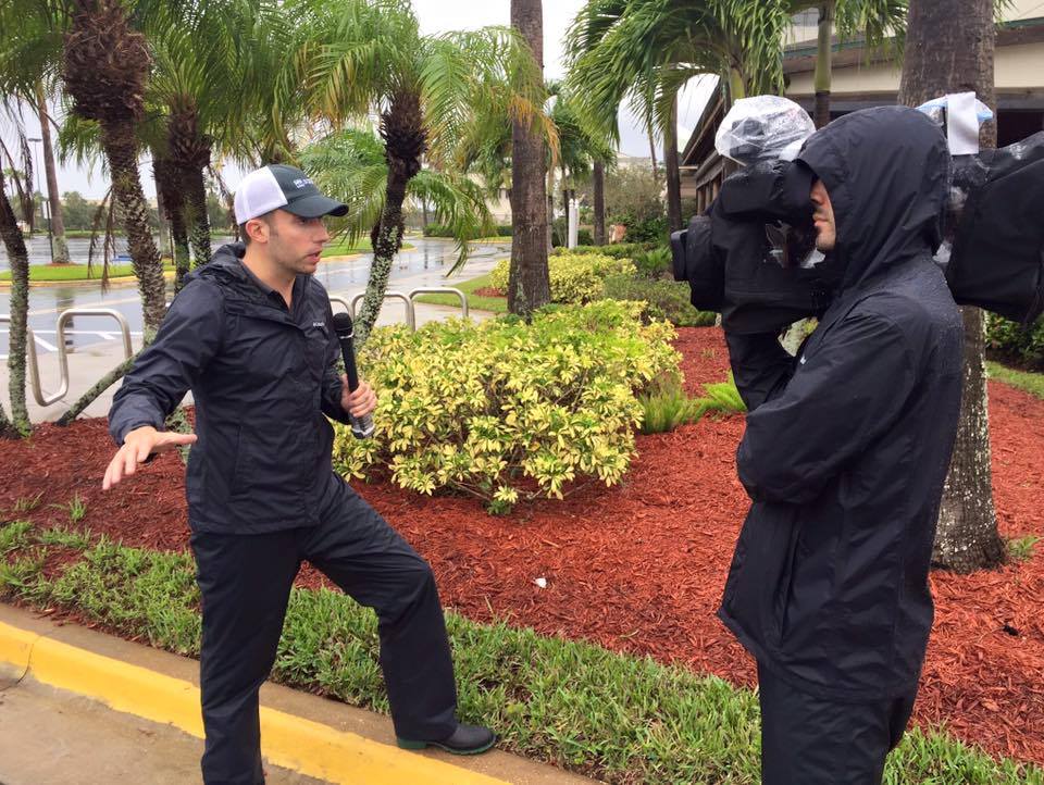 JPC grad Todd Walker, B.A. '11, is a national news correspondent for Scripps broadcasting company (pictured here covering Hurricane Matthew in Vero Beach, Fla. this October) (Image courtesy Todd Walker).