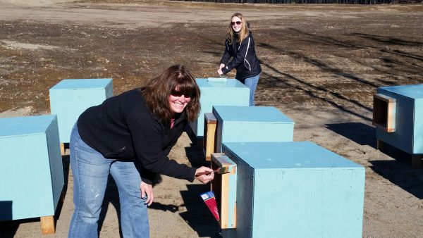 Staci Manier, community impact director for United Way of Mat-Su, paints new doghouses for a person who lost everything in the Sockeye Fire in Willow. Behind her is Makenna Wyatt. (Photo courtesy United Way of Mat-Su)