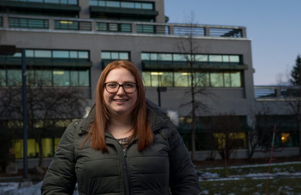 Kaitlan Head, a third-year health sciences major focusing on speech and language pathology, teamed up with Assistant Professor of Health Sciences Travis Hedwig to help interview adults diagnosed with Fetal Alcohol Spectrum Disorder (FASD). (Photo by James Evans / University of Alaska Anchorage)