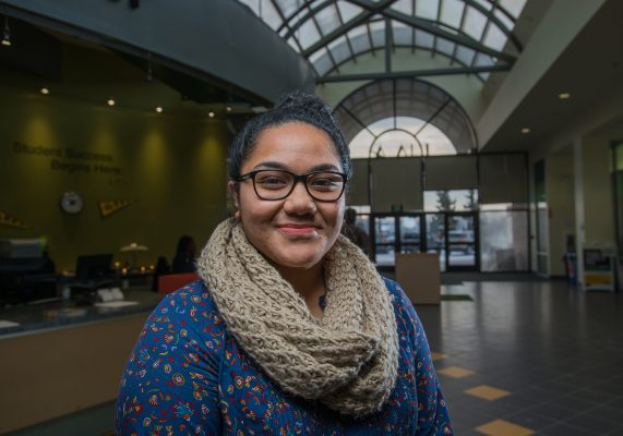 UAA alumna Eva Ulukivaiola in the University Center lobby