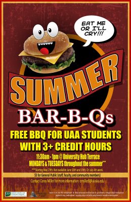 Cheeseburger says, "Eat me or I'll cry!" Summer barbecues at University Hub Terrace, every Monday and Tuesday, 11:30 a.m.-1 p.m. throughout the summer. Free barbecue for UAA students taking three or more credits. $5 barbecue for staff, faculty and community members. Not available June 18, June 19, July 2 and July 3. Contact Corey Miller at crmiller9@alaska.edu for more information.
