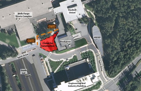 Map of pedestrian detour route to access UAA Campus Bookstore and Student Union during summer 2018 roof replacement. Access from East Campus is not impacted. To access either building from West Campus, follow the east-west pathway adjacent to the Bookstore Plaza.