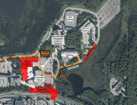 Alumni Drive will be closed between the Fine Arts Building and Administrative/Humanities Building starting June 18 and lasting for about one week. Both buildings will remain accessible. However, vehicles must detour through the Library Lot to access the Admin building.