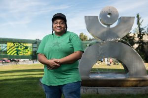 Social work senior Jennifer Spencer photographed on campus in fall 2018 for her work as a member of UAA's New Student Orientation Wolf Pack. (Photo by James Evans/University of Alaska Anchorage)