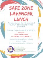 Join UAA SafeZone on Thursday, Sept. 13 for a discussion on the intersection of GLBTQ+ communities and suicide. Lunch provided.