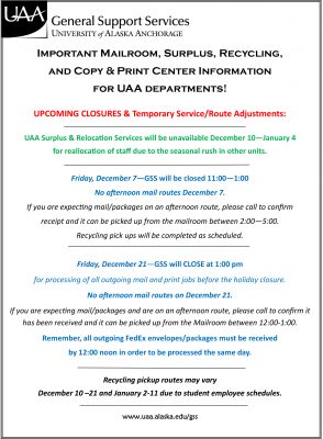 Important mailroom, surplus, recycling, and copy & print center information for UAA departments. Upcoming closures and temporary service/route adjustments. UAA Surplus and Relocation will be unavailable Dec. 10-Jan. 4 for reallocation of staff due to the seasonal rush in other units. General Support Services will be closed 11 a.m. to 1 p.m. on Dec. 7. No afternoon mail routes Dec. 7. If you are expecting mail/packages on an afternoon route, please call to confirm receipt and it can be picked up from the mailroom between 2 p.m. and 5 p.m. Recycling pick-ups will be completed as scheduled. General Support Services will close at 1 p.m. on Dec. 21 to process all outgoing mail and print jobs before the holiday closure. No afternoon mail routes Dec. 21. If you are expecting mail/packages on an afternoon route, please call to confirm receipt and it can be picked up from the mailroom between noon and 1 p.m. Remember, all outgoing FedEx envelopes/packages must be received by noon in order to be processed the same day. Recycling pick-up routes may vary Dec. 10-21 and Jan. 2-11 due to student employee schedules.