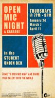 Free open mic night and karaoke Jan. 24, 7 to 9 p.m., in the Student Union Den.