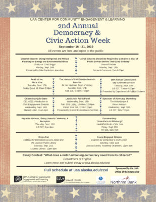 UAA presents second annual Democracy and Civic Action Week Sept. 16-21, 2019. All events are free and open to the public. View the schedule at: uaa.alaska.edu/CCEL