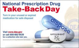 Oct. 26, 2019 is National Prescription Drug Take-Back Day. Learn more and find anonymous drop-off locations at takebackday.dea.gov.