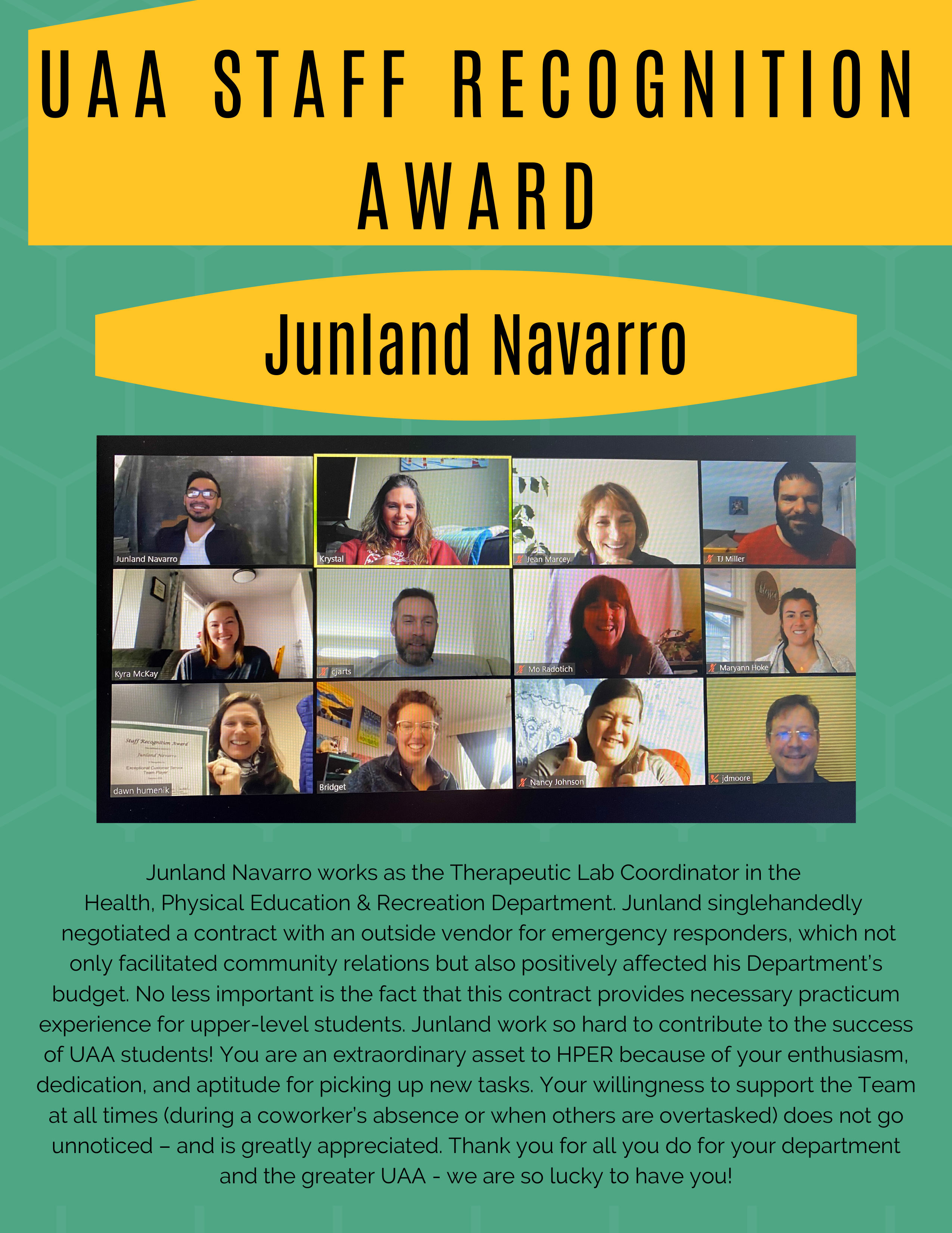 UAA Staff Recognition Award: Junland Navarro
