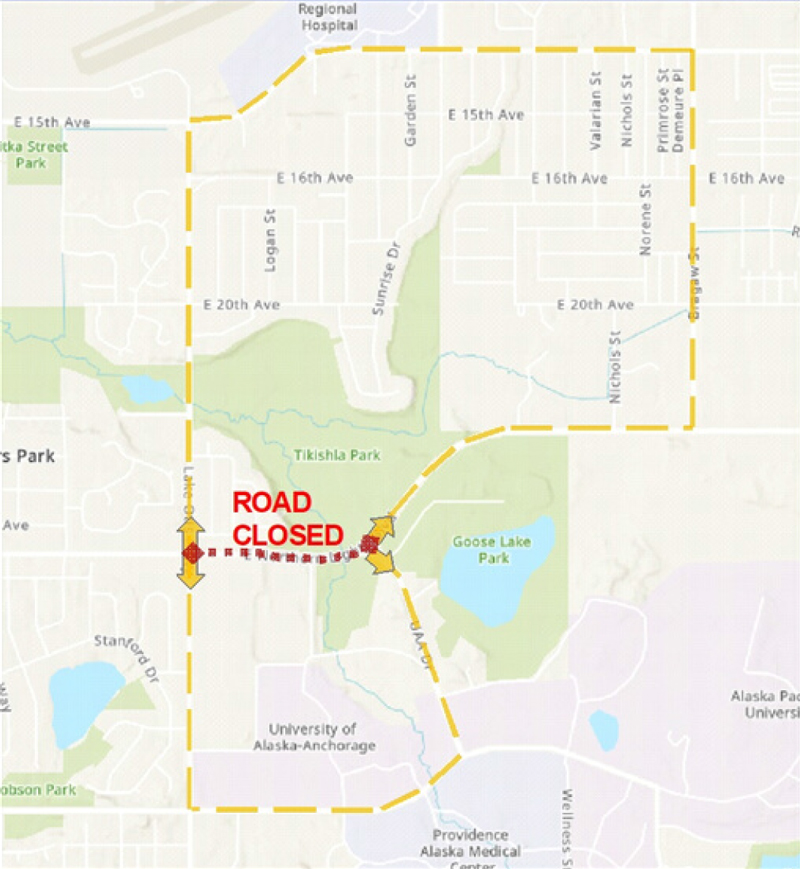 All eastbound and westbound lanes of Northern Lights Boulevard between Lake Otis Parkway and UAA Drive closed for 30 days starting July 5