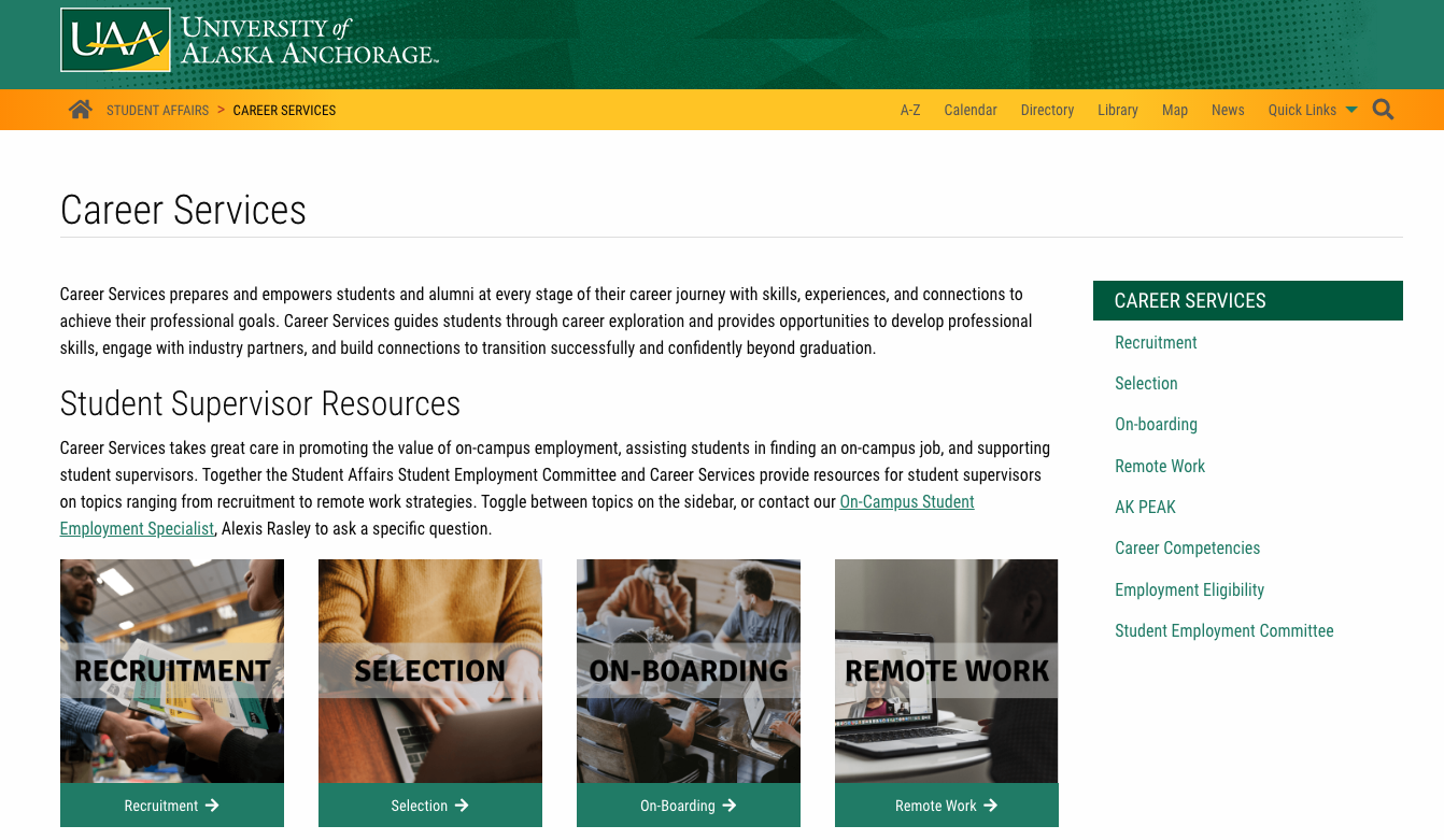 Screenshot of UAA Career Services employee intranet homepage
