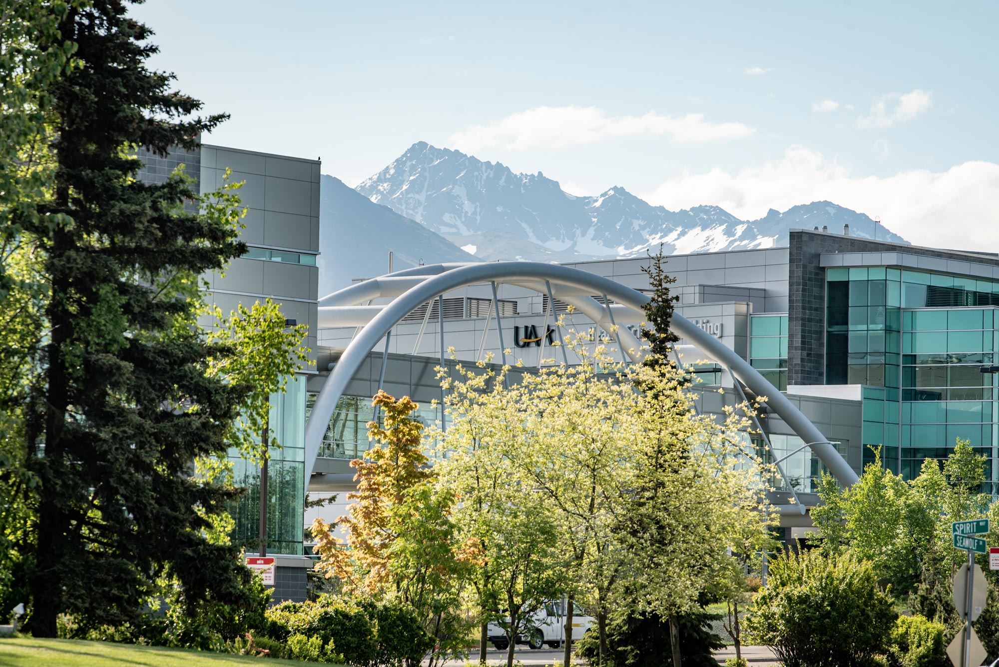 UAA's Engineering and Industry Building, Parrish Bridge, and Health Sciences Building (Photo by James Evans, UAA)