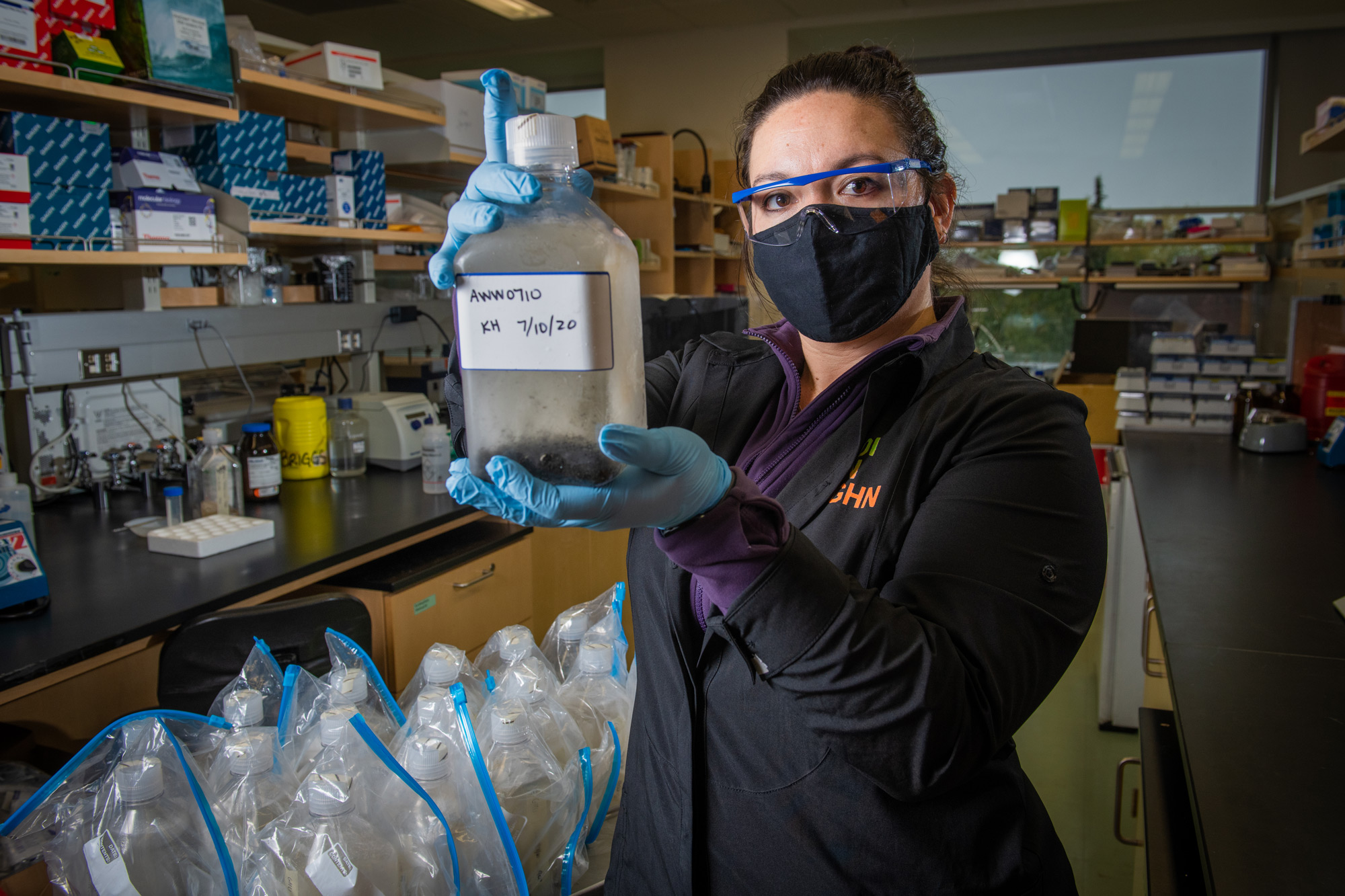 Biology and Natural Sciences Senior Kodi Haughn prepares samples of wastewater for COVID-19 testing in Professor Brandon Briggs' lab in UAA's ConocoPhillips Integrated Science Building. (Photo by James Evans / UAA)