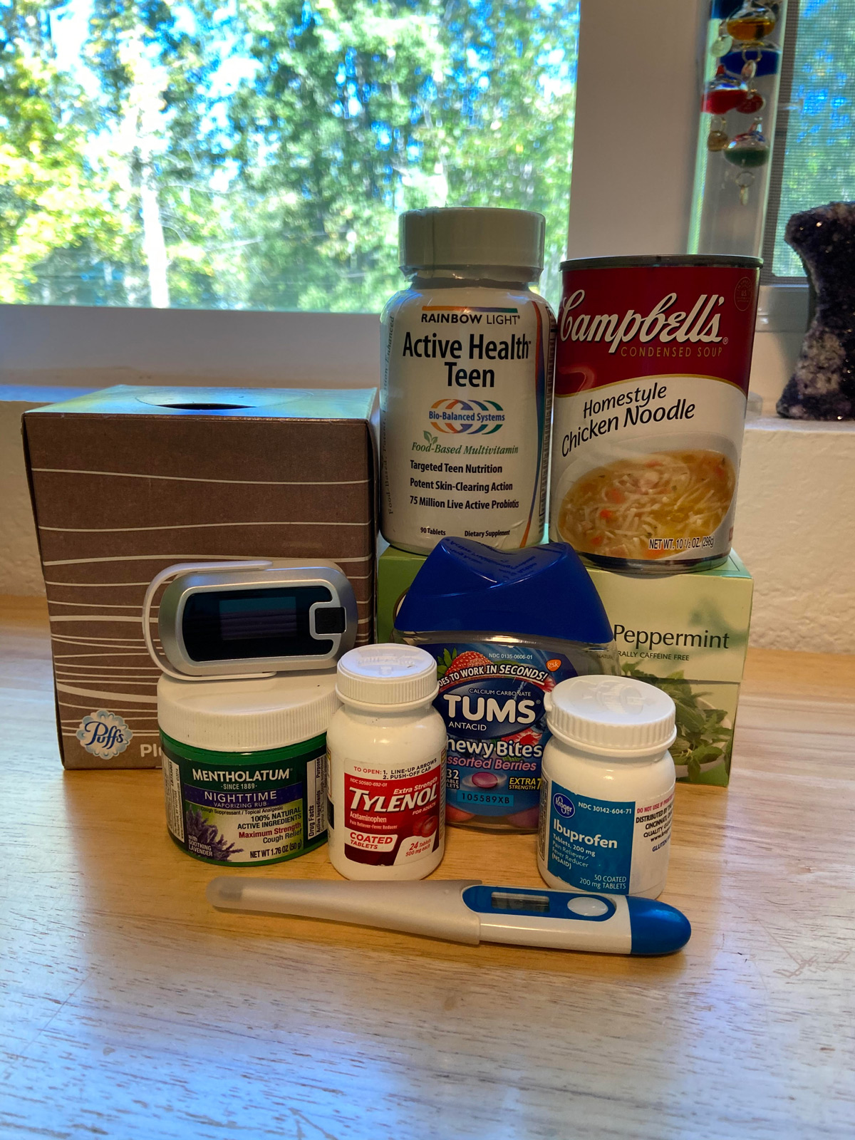 Tissues, vitamins, Tylenol, ibuprofen, Tums, Mentholatum, tea, canned soup, pulse oximeter and thermometer round out a flu/cold medical kit