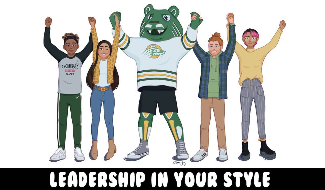 Leadership in Your Style drawing featuring UAA students and Spirit with hands held and arms raised