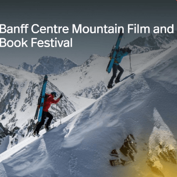 Skiers skinnng uphill with text overlay reading, "Banff Centre Mountain Film and Book Festival"