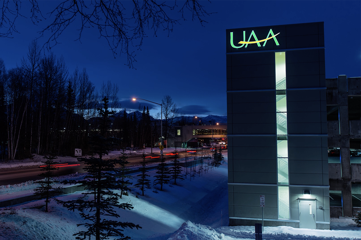 UAA Anchorage campus at night