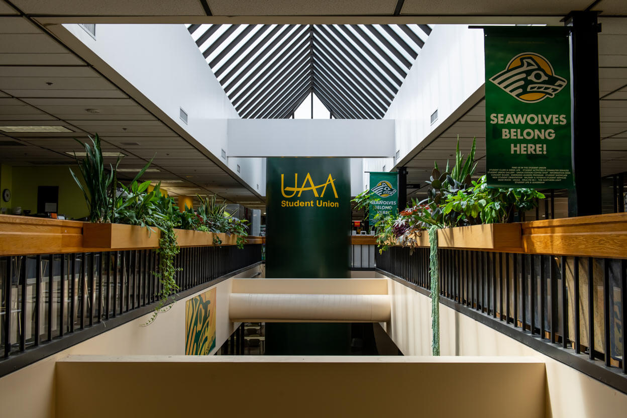 UAA Student Union decorated with 'Seawolves Belong Here' banners
