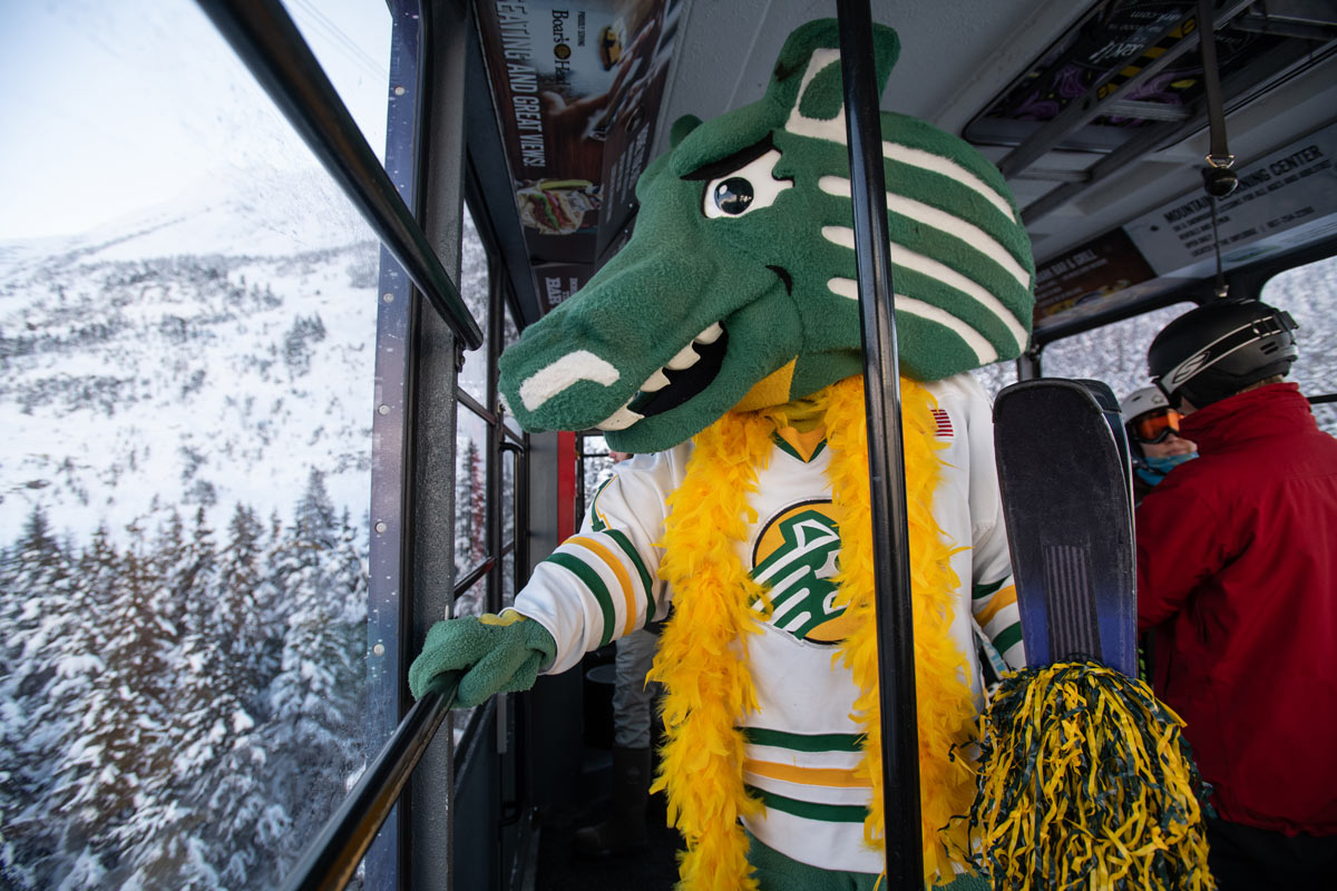 Spirit rides the tram during UAA Day at Alyeska. (Photo by James Evans / University of Alaska Anchorage)