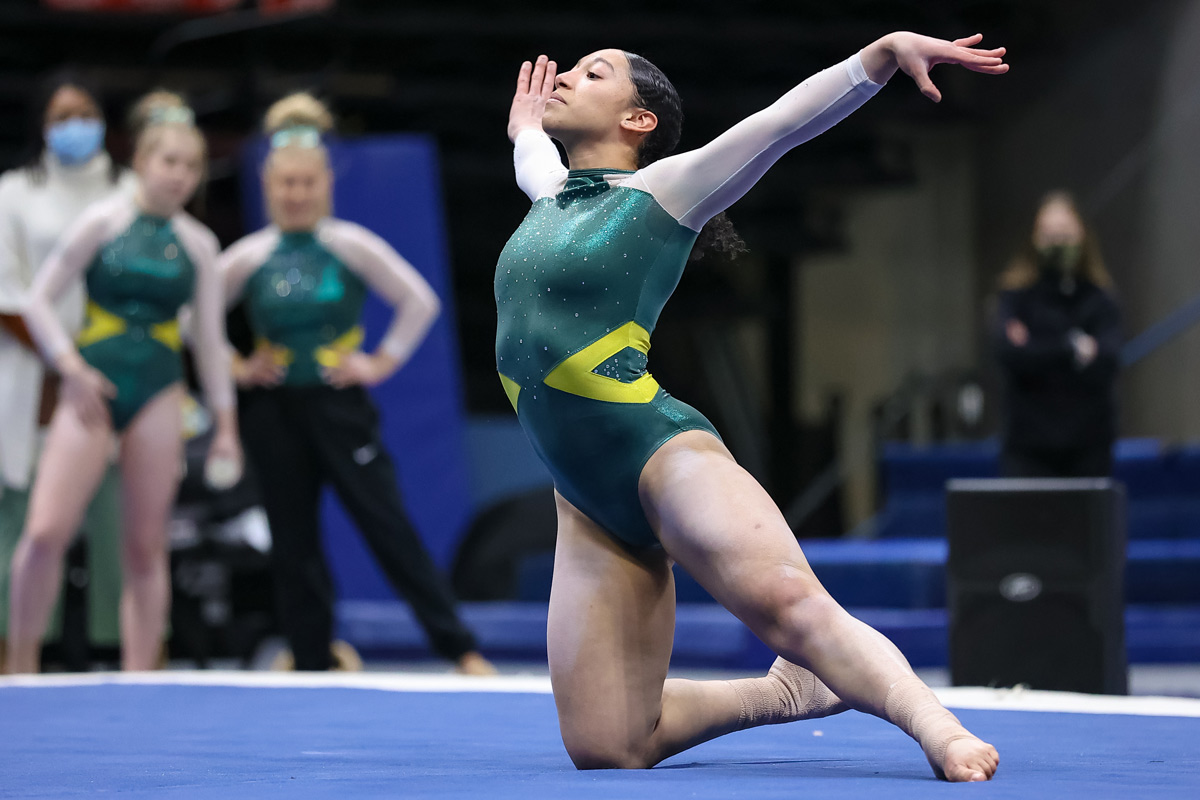 Seawolf Gymnastics team member Alyssa Manley competes on the floor during a meet against Centenary. (Photo by Skip Hickey / UAA Athletics)
