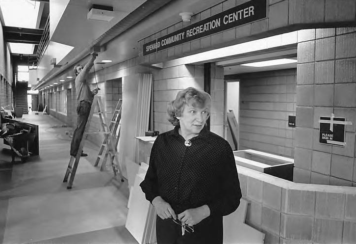 Arliss Sturgulewski in the Spenard Community Recreation Center while under construction, 1984.