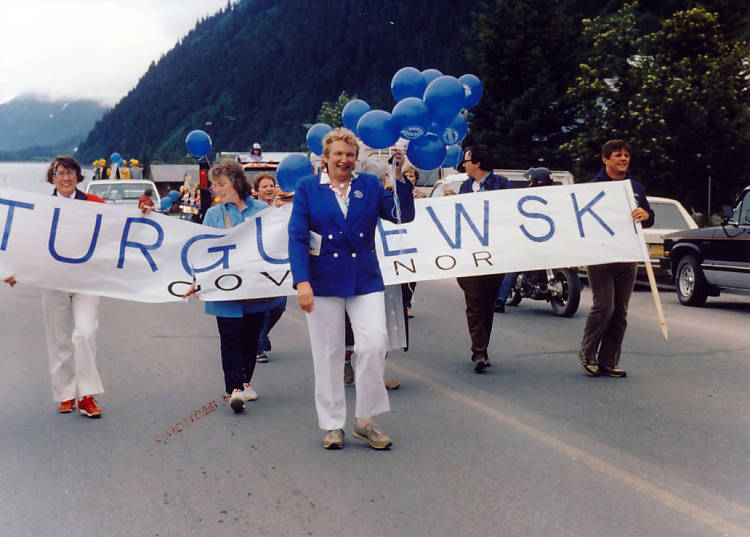Arliss Sturgulewski walks in a parade for her gubernatorial campaign, 1990.