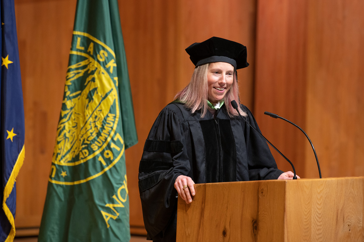 Kikkan Randall receives an Honorary Degree Award during UAA's spring Commencement awards ceremony in the Fine Arts Building recital hall.