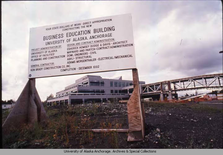 UAA Business Education Building under construction (UAA University Advancement photographs, Archives and Special Collections, University of Alaska Anchorage) 