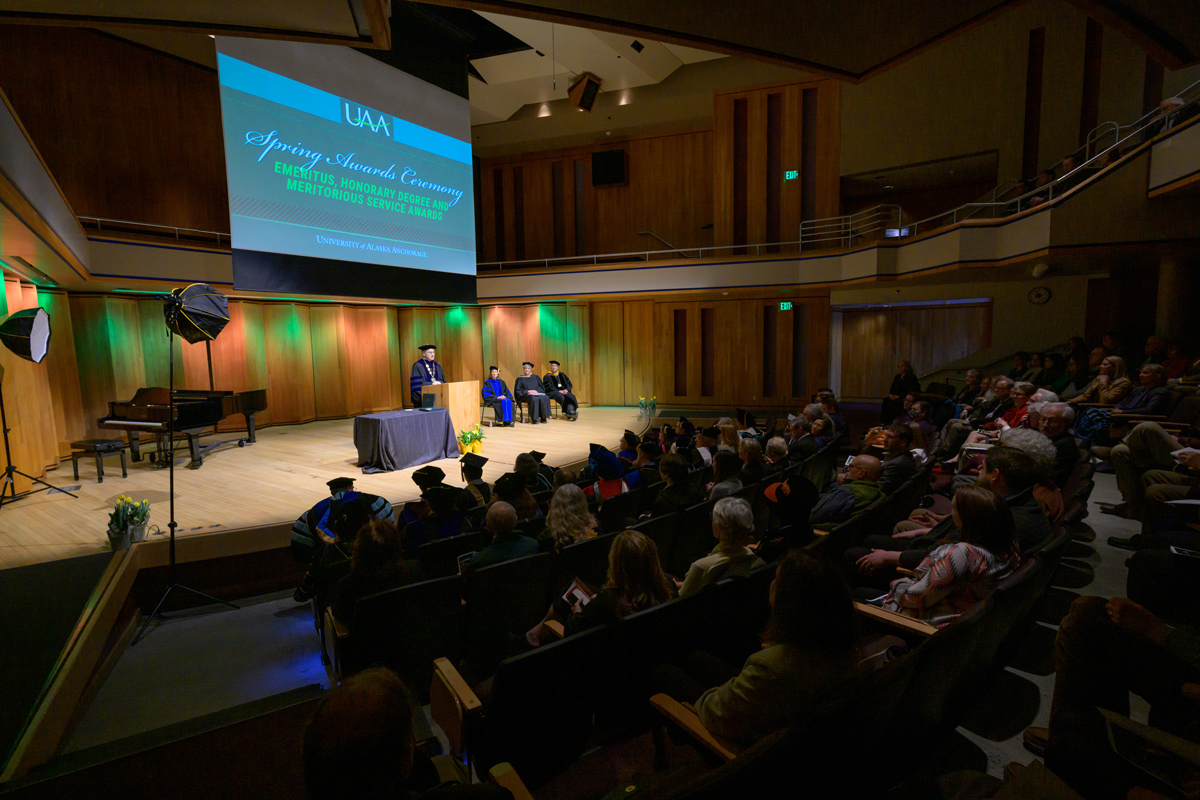 UAA  Chancellor Sean Parnell speaks at the 2024 Spring Commencement Awards ceremony in UAA's Fine Arts Building. 
