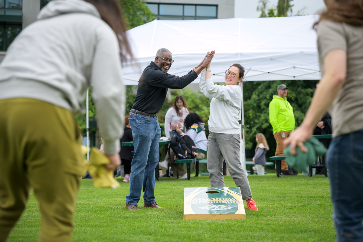 Two people high fiving each other over a game of cornhole.