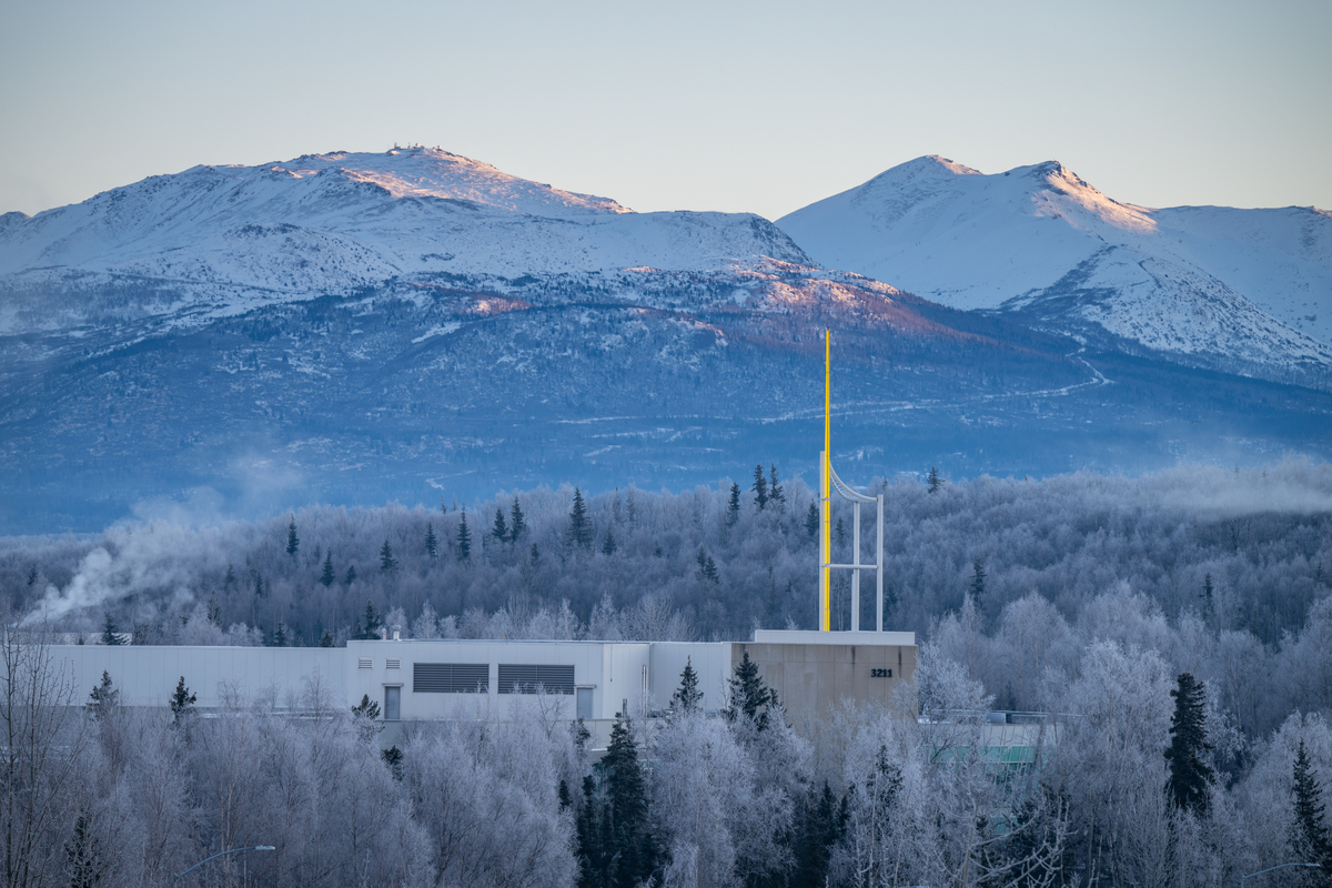 UAA's Consortium Library and Chugach Mountains on a winter morning.