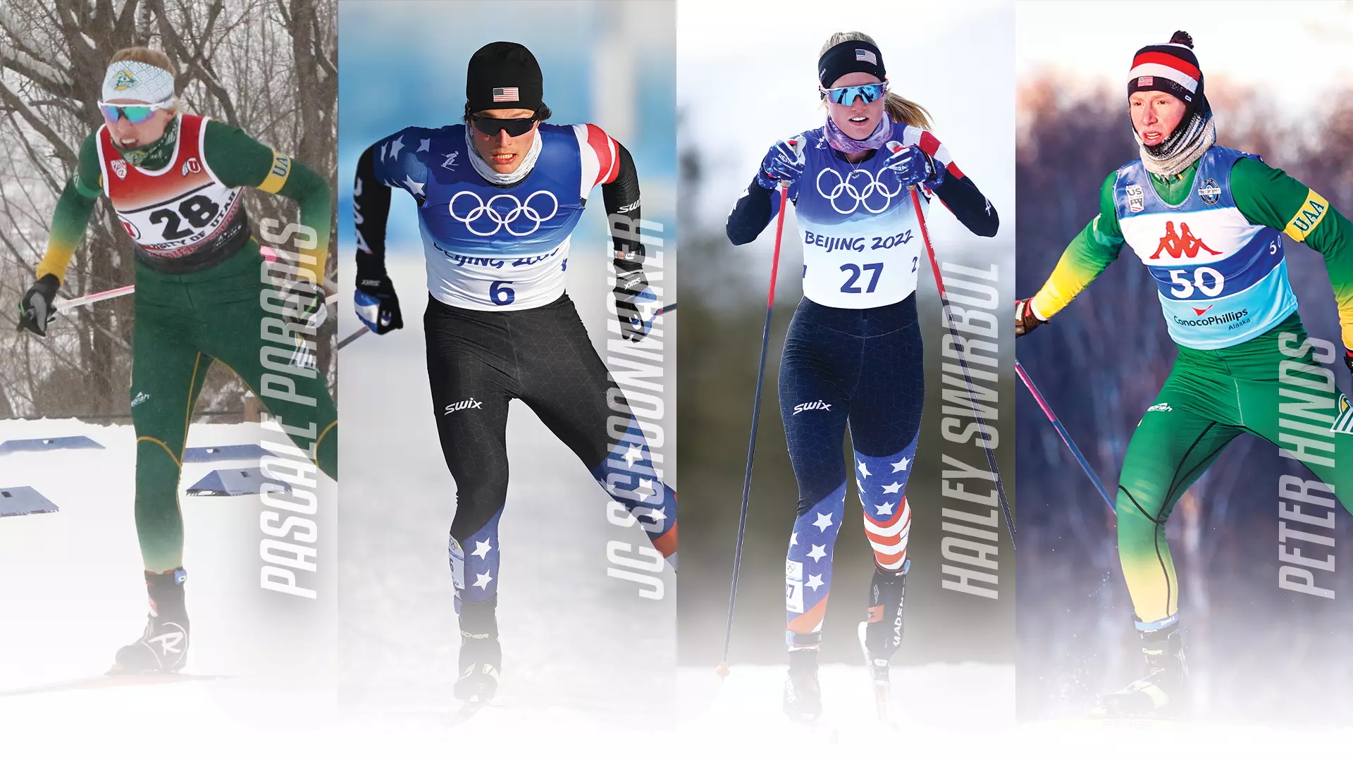 Composite image of UAA ski team alumni Pascale Paradis, JC Schoonmaker, Hailey Swirbul and Peter Hinds competing as Seawolves.