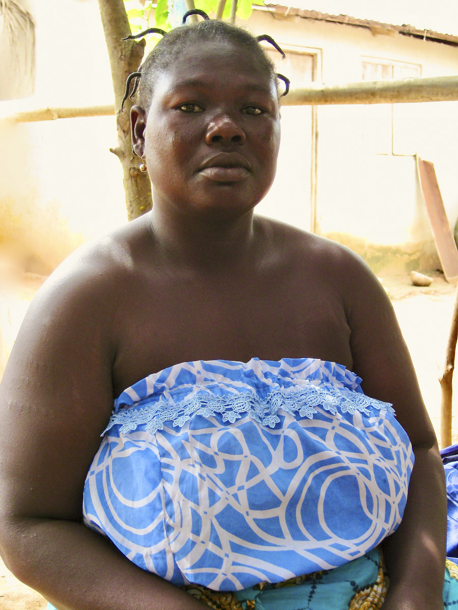 Woman in a blue and white dress