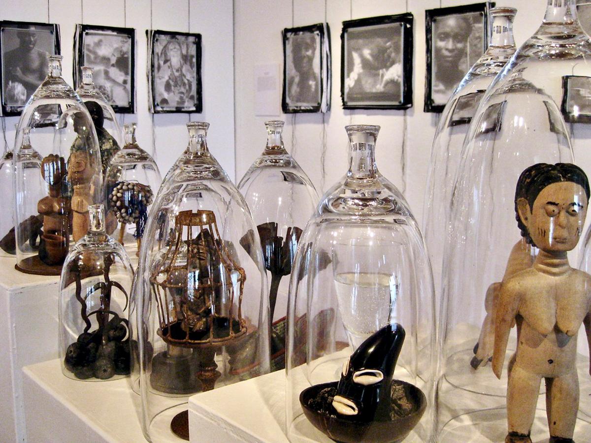 table with objects under glass