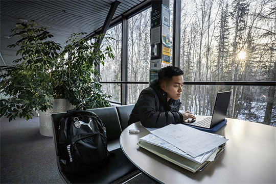 Civil Engineering student Tovlee Lor studies Civil Engineering student Tovlee Lor studies structural analysis in the UAA spine