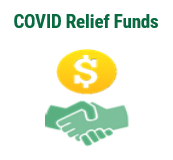 COVID Relief fund 2 hands clasped in handshake below money sign