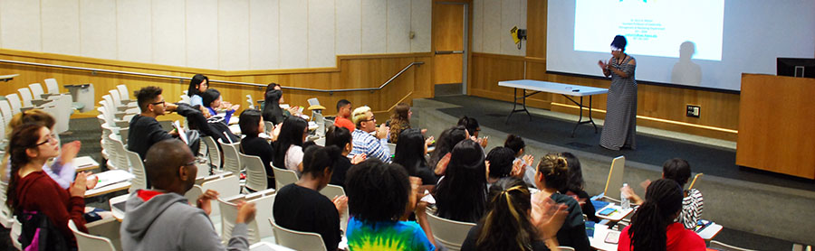 Students attend an orientation in a classroom during Seawolf Success Program